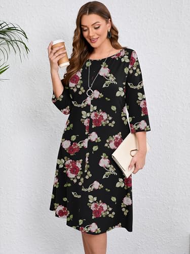 Image of AusLook Women's Plus Midi Dresses Crew Neck A Line 3 /4 Sleeves Casual Elegant Loose Wedding Vacation Dress with Pockets