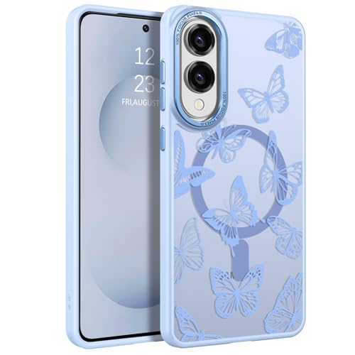 Coque Samsung S25 Edge MagSafe papillon : protection magnétique fine et mate bleu clair