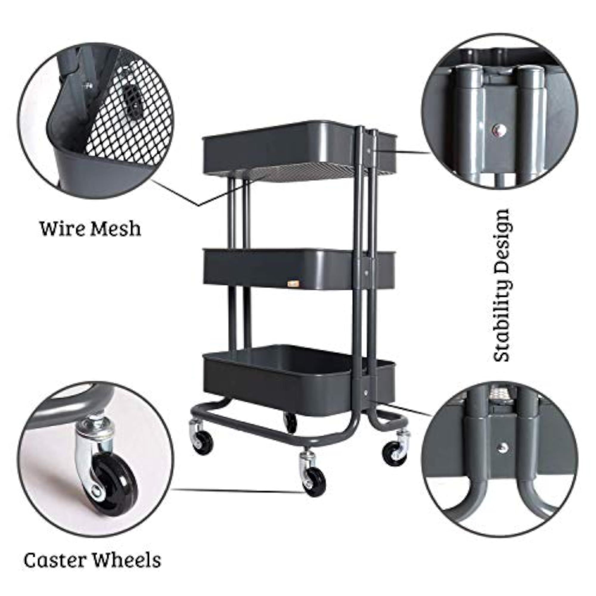 3 Tier Rolling Utility Cart with Wheels, Heavy Duty Kitchen Storage
