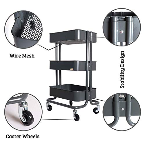 Image of 3 Tier Rolling Utility Cart with Wheels and Handle, Heavy Duty Mobile Kitchen Storage Cart Craft Cart Storage Trolley for Kitchen, Bathroom, Office Organization, Easy Assembly