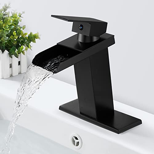 Solepearl Matte Black Waterfall Bathroom Faucet Wide Mouth Spout, Solid Brass Sink Vanity Faucets 1 Or 3 Hole 4 Inch, Single Handle Basin Lavatory Modern Commercial Mixer Tap With Deck Mount Plate #TOP4