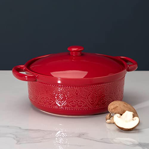 Fun Elements Casserole Dish, 2 Quart Lace Emboss Casserole Dish With Lid, Oven To Table Ceramic Round Serving Dish With Handles For Dinner And Party(Christmas Red) #TOP1