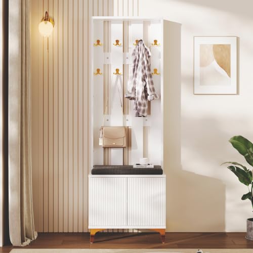 Merax Elegant Hallway Storage Unit with Shoe Bench & Cushion, Push-to-Open Wardrobe with Wave-Textured Doors, Gold Hooks & Legs, Adjustable Shelves, Shoe Storage Cabinet with Drawers