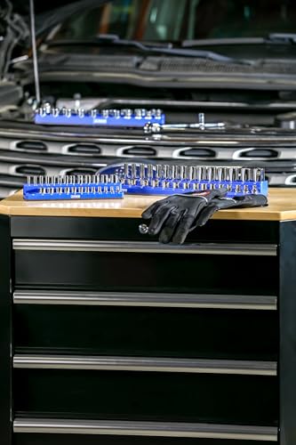 Image of ARES 60036-3-Piece Set Metric Magnetic Socket Organizer - Blue - Includes 1 /4 in, 3 /8 in, 1 /2 in Socket Holders - 75 Pieces of Standard (Shallow) and Deep Sockets - Keeps Your Tool Box Organized