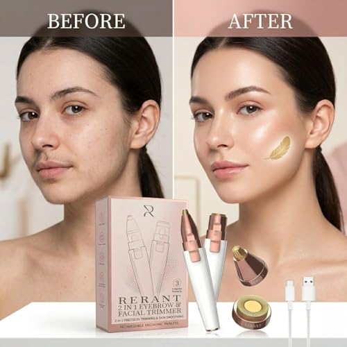 Image of RERANT 2-in-1 Eyebrow Trimmer and Facial Hair Remover for Women, Rechargeable Electric Face Razor with Built-in LED Light, Painless Precision Eyebrow Razor and Lip Hair Trimmer, Portable (S1)