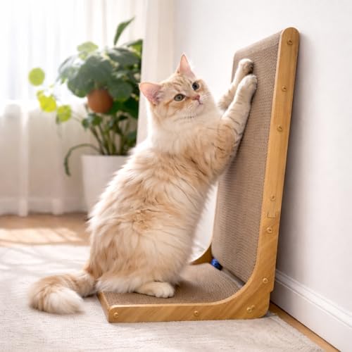 SnuggleSpruce L-Shaped Cat Scratcher with Jingle Ball | 26.5" Cardboard