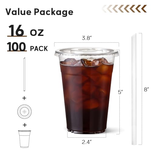 image for AOZITA 100 Pack - 16 oz Clear Plastic Cups with Lids and Straws, Food 