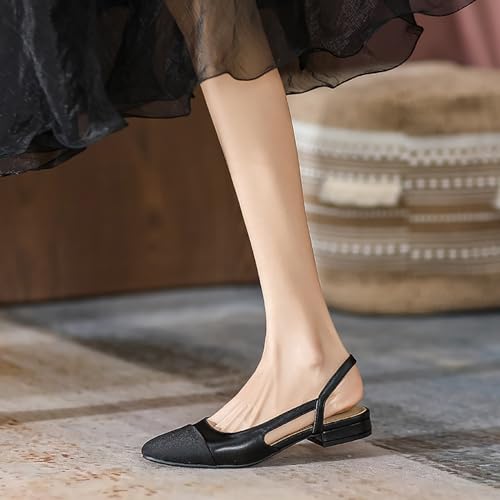Women's Cap Toe Slingback Thick Heels Pumps,Classic Round Toe Chunky Heeled Ankle Strap Fashion Splicing Dress Shoes4