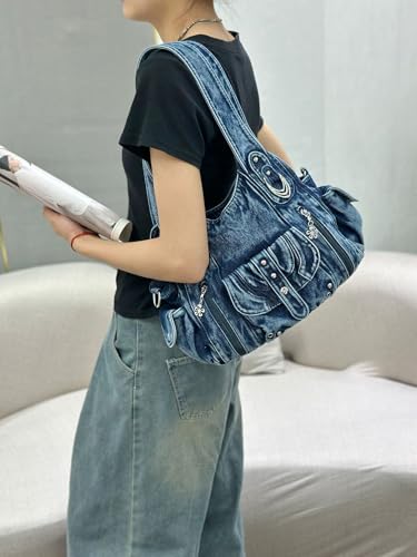 Image of Designer Denim Handbags for Women Hobo Tote Bag Crossbody Denim Purses Blue Jean Shoulder Bag