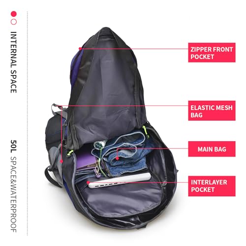Bseash 50L Hiking Backpack, Water Resistant Lightweight Outdoor Sport Daypack Travel Bag for Camping Climbing Skiing Cycling (Dark Purple - With Shoe Compartment) - Image 7