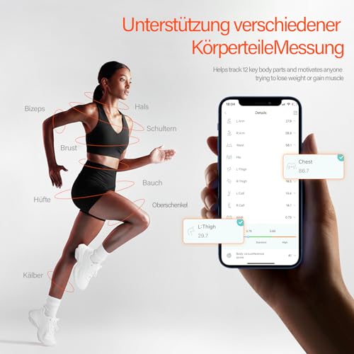 Fitdays Smartes Körpermaßband mit Bluetooth & LED-Bildschirm | Körperfett-BMI-Messung + App-Tracking für Fitness/Abnehmen | Automatisch Einziehbar & Tragbar (Schwarz)