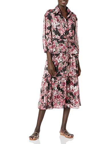 Taylor Dresses Women's 3/4 Sleeve V-Neck Floral Print with Metallic Midi Shirt Dress, Black/Cameo, 12