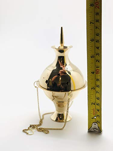 Brass Burning Hanging Censer, Charcoal Incense Burner with Charcoal Tong- Censer Incense Burner, Censer Incense Burner with Chains 7" High and 3.5" Diameter (Incense Burner)