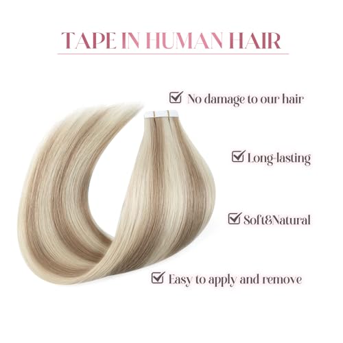 Image of Sixstarhair Seamless Tape In Hair Extensions Remy Human Hair Highlight Hair Extensions Color Swedish Blonde and Ash Blonde Piano Color For Beautiful Girl 50g /20 Pieces Pack [Color 20 /60 22inch]