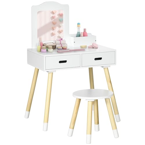 ZONEKIZ Tocador para Niñas Tocador de Madera Infantil con Taburete y Espejo Centro de Belleza con 2 Cajones Juguete Educativo para Niñas de 3-6 Años 60x40x95 cm Blanco