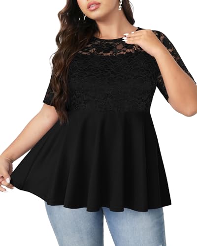 Pinup Fashion Women Peplum Tops Plus Size Black Lace Crew