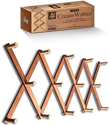 Mercurial Trade Expandable Large Wooden Coat Rack Hanger – Accordion Wall Mounted Pine Wood Hooks – Hand Made Modern Expending Pegs – Hang Coat, Jacket, Hat, Towel - 14 Hooks, Large, Cream Walnut