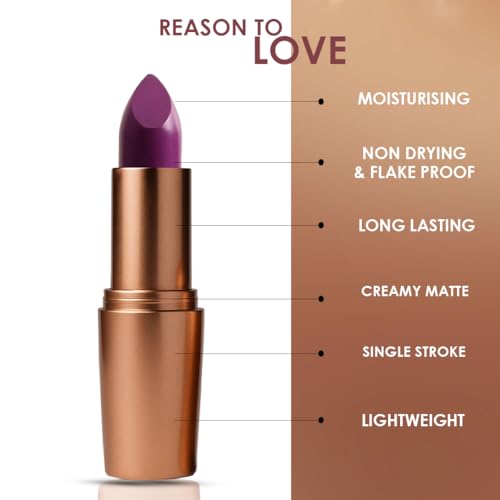 Image of One Wish Creamy Matte Lipstick Long Lasting for Women - Purple AF Shade 22 | Full Coverage | Creamy Formula | No Flaky Lips | No Dryness | High-Pigment | SPF | Vitamin E, Almond Oil & Shea Butter for Moisturising Lip | 8 Hrs Lasting | Smooth Finish | 3.8 gm