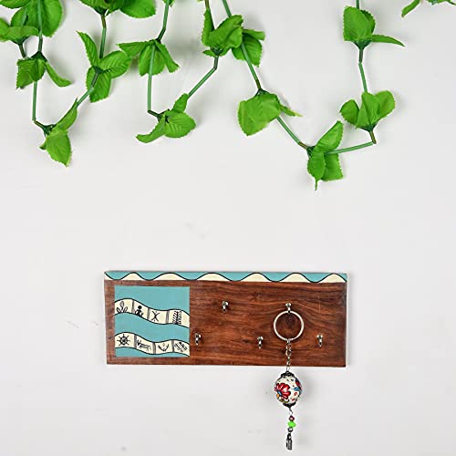 Image of ARTYSTA BEAUTIFYING LIVES 'Warli Motif' Aqua Blue Wooden Key Holder For Wall Stylish Decorative Keychain Holder Key Hanger For Home Decor (5 Hooks)
