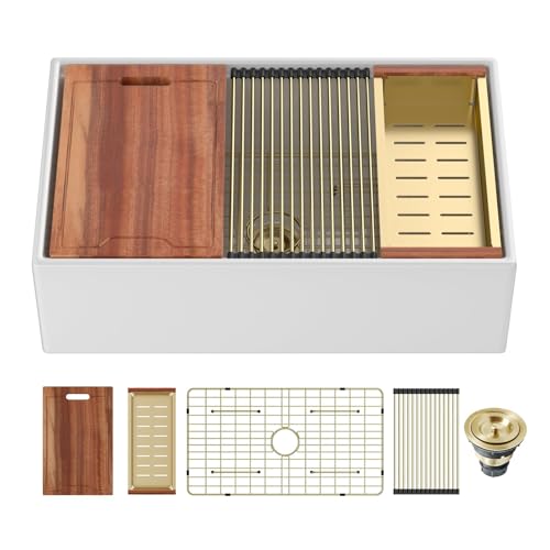 Farmhouse Fireclay Kitchen Sink with Gold Accessories