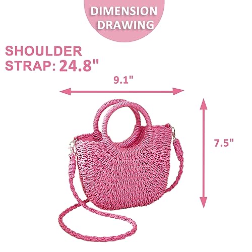 Qtkj Mini Semi-Circle Rattan Straw Bag, Hand-Woven Women Summer Retro Beach Tote Shoulder Bag Crossbody Travel Beach Bag (Rose Color) #TOP1
