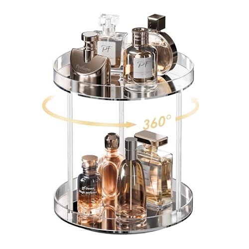 Lolalet 360 Degree Rotating Acrylic Perfume Organizer Stand, 2 Tiers Clear Perfumes Holder Display Rack, Makeup Skincare Organization for Vanity Bathroom Countertop -Medium, Clear