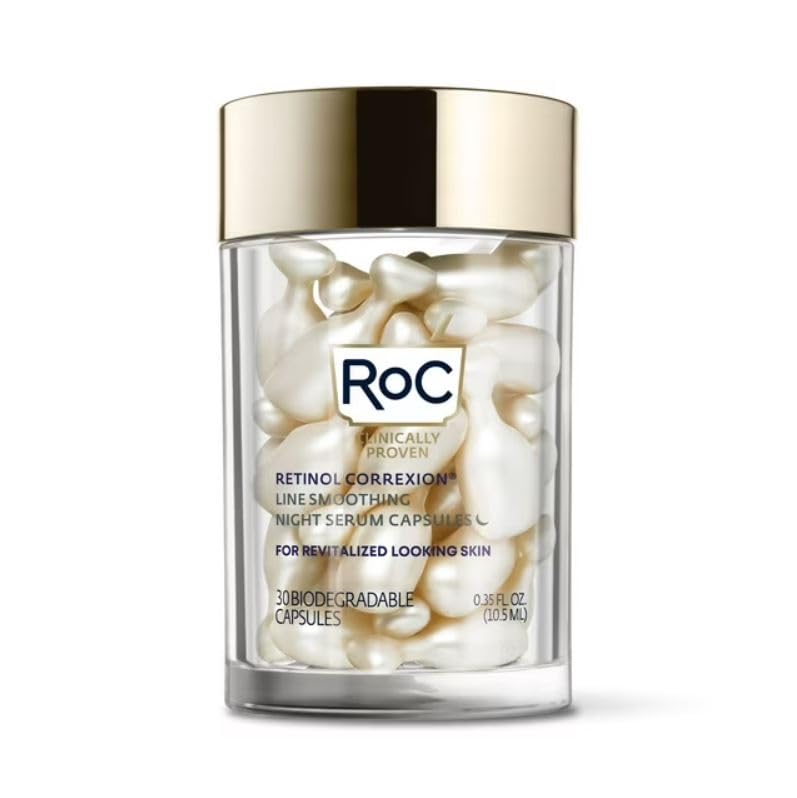RoC Retinol Correxion Anti-Aging Wrinkle Night Serum Capsules, Daily Line Smoothing Skin Care Treatment for Fine Lines, Post-Acne Scars, 30 Individual Capsules, Unscented, 0.35 Fl Oz