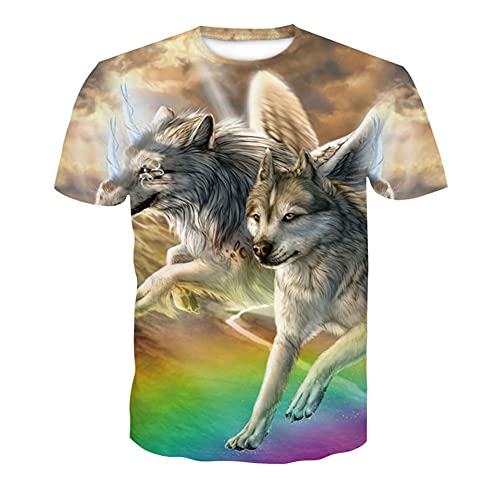 Camiseta para Hombre, Treer 3D Lobo Impresión Verano Manga Corta Casual Hipster Unisex Fit tee Shirts Camisetas Hombre Personalizada Divertidas Blusa Tops S-6XL (Lobo Arcoiris,L)