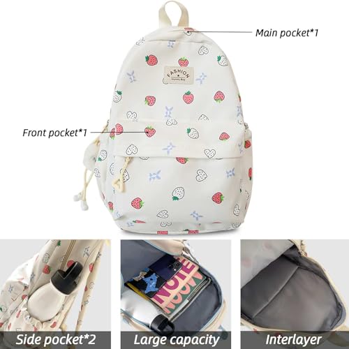 Kawaii Backpack with Cute Accessory Strawberry Printing Casual Bookbags with Pendant Lightweight Travel Daypacks (Pink)4