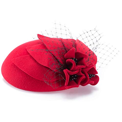 Lawliet Chapeau de cocktail noir pour dame avec fleurs et perles - Rouge - Taille Unique Cover