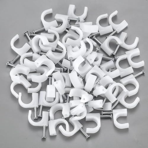 100 Pack 8mm White Steel Cable Nail Clips, Heavy Duty Cable Fixing Nails, Easy Install Wire Cord Holders for Ethernet & Coaxial Cables