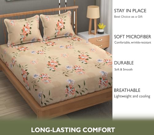 Image of Fresh From Loom Hypoallergenic Floral Print King Size Bedsheet with 2 Pillow Covers - Microfiber, 240 TC (90 x 95 inch| Beige, Floral Design)