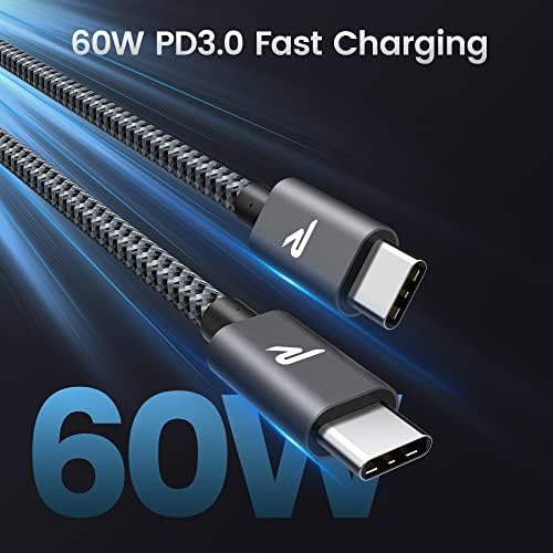 RAMPOW Kabel USB C na USB C, 60 W, QC 3.0, kabel do szybkiego ładowania USB C na USB C do Samsung Galaxy S21 Ultra, iPad Pro 2021, MacBook Air, Huawei p30 Pro, Xiaomi 9 i innych, szary, 2 m