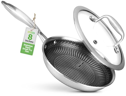 Image of NutriChef 8” Stir Fry Pan with Glass Lid – Non-Stick Frying Pan, Triply Stainless Steel Cookware, DAKIN Etching Non-Stick Coating, Aluminum Core for Quick and Even Heat, Oven Safe, Dishwasher Safe