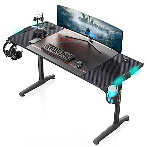 EUREKA ERGONOMIC Gaming Desk 148 x 60 cm Large Computer Desk with LED RGB Lights, Mouse Pad, USB Ports Controller Stand, Cup Holder and Headphone Hook