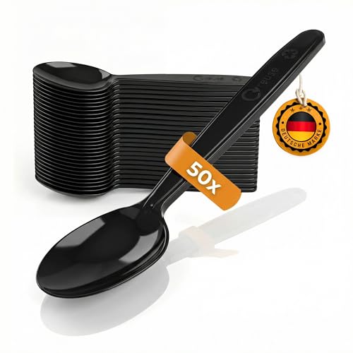 Couverts réutilisables en plastique noir – 50 cuillères | Couverts de camping, de voyage et d'extérieur réutilisables, sans BPA et compatibles...