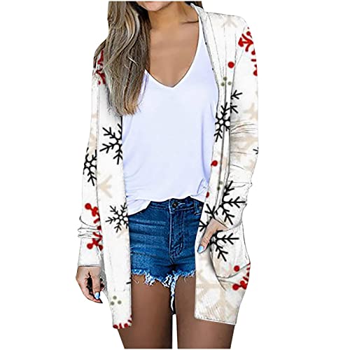 Casual Christmas Cardigan For Women Open Front Long Sleeve Cardigans With Pocket Santa Claus Snowman Graphic Kimono Tops White #TOP29