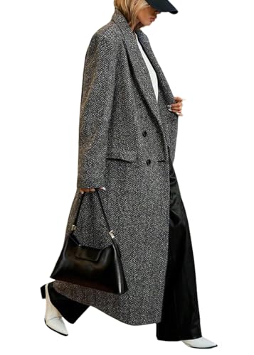 CHARTOU Long Wool Trench Coat Women Double Breasted Herringbone Notch Collar Dressy Winter Pea Coat (Medium, Black)