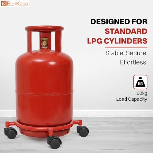 Image of Bonkaso Gas Cylinder Trolley with Handle, Heavy-Duty Alloy Steel Stand with 4 PP Twin-Wheel 360 Swivel Casters, 60 kg Load Capacity, Powder-Coated Red Finish