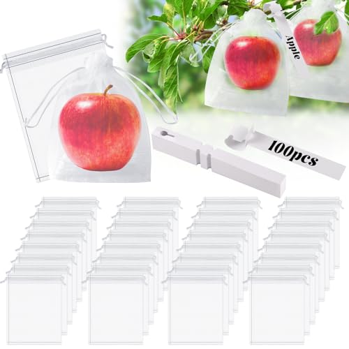 Gushu 100pcs Fruit Protection Bags, 6 x 8 Inch White Fruit Netting Cover Bags with 100pcs Plant Label Drawstring Mesh Fruit Protectors Pest Barrier for Plant Fruit Vegetable Veggies Garden -  Gushustore, 20230404