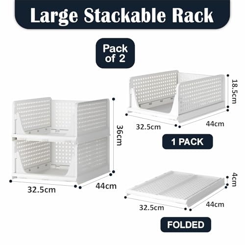 Image of HOMIFLY Set of 2 Large Foldable Cloth Storage Organizer /Stackable Wardrobe Organizer For Clothes /Multipurpose Sliding Basket /Rack Organiser for Storage /Shirt Stacker Box (44 x 33 x 36 cm, White)