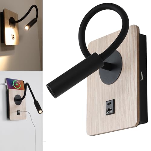Alpinaluz Applique murale LED noire 3 W avec spot flexible, ports de charge USB et type C - effet bois - interrupteur intégré - 2800 K blanc chaud