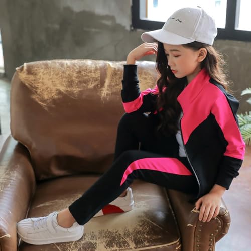linboo Kinder Jogginganzug Mädchen Trainingsanzug 2tlg Sportanzug Bekleidungsset Sweatjacke und Jogginghose Freizeit Anzug, Rosa, 122-128(Herstellergröße: 130)