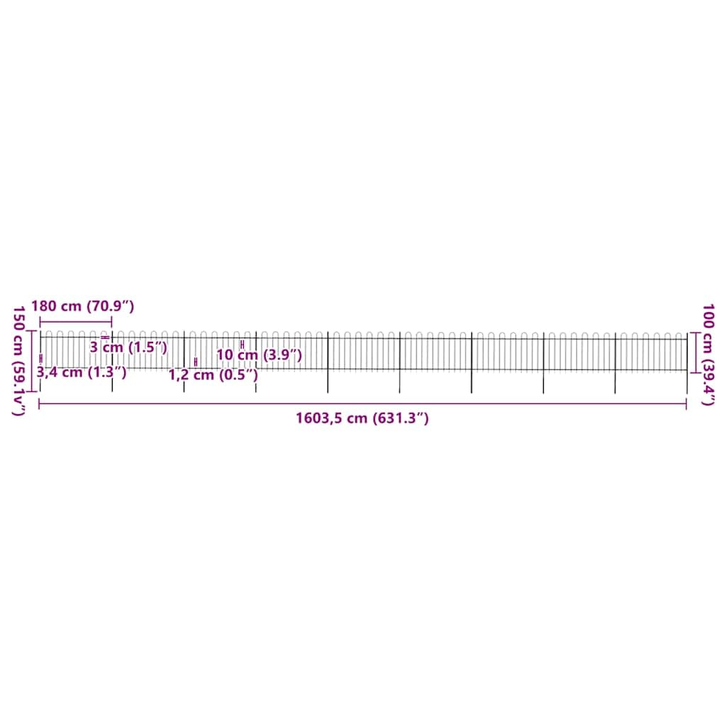 Ogrodzenie ogrodowe z łukiem okrągłym ze stali malowanej proszkowo, długość 15,3 m, wysokość 150 cm, eleganckie wzornictwo do ogrodu i na podwórko, możliwość rozszerzenia