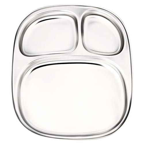 WG inc Stainless Steel Kids Plates, 3 Section Divided Trays, Non Toxic Toddler Plates, Metal Portion Control Dishes, Food Serving Plates, Steel Compartment Trays for Camping