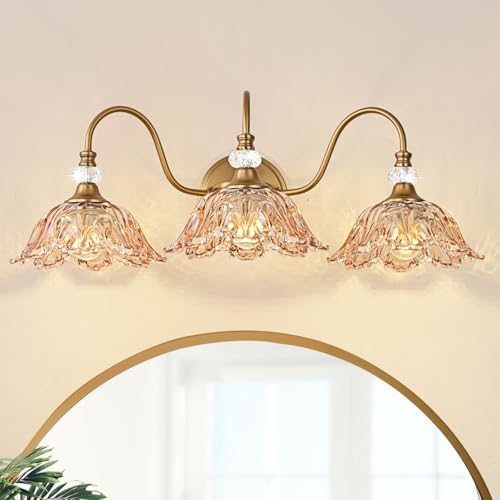 Image of Vintage Bathroom Vanity Light, 3-Light Matte Deep Brass Finish Vanity Light with Flower-Shaped Amber Glass Shades, Retro Wall Sconce for Bathroom