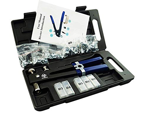 Muzata Kit de rivets aveugles très résistants, outil à riveter, pince à riveter, outils de rivetage avec 210 écrous à riveter métriques inclus M3 M4 M5 M6 M8 en zinc bleu blanc Cover