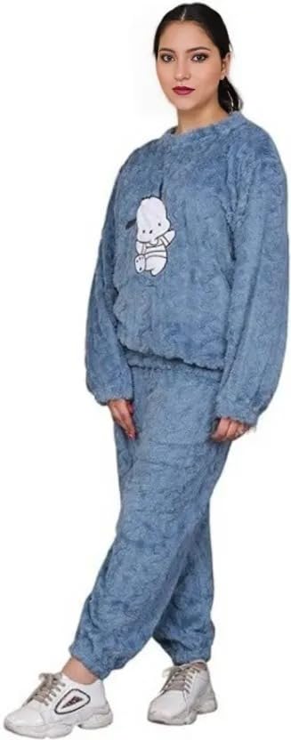 Image of Women's Fur Long Sleeve Nightsuit | Regular Fit Warm Top and Pyjama Set | Winter Wear Sweatpant Set for Women