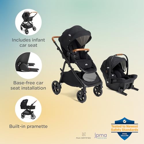 Image of Joie Ginger and Mint Latch Travel System - 4-in-1 Travel System with Baseless Infant Car Seat & Stroller, One-Click Install, from Birth Stroller (Shale Dark)