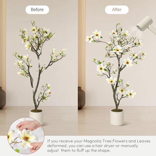5FT Faux Magnolia Plants Artificial Flower Trees Fake Plants For Yard Patio Home Office Arrangement Decor Indoor Outdoor Artificial Magnolia Tree Inc. 120 Realisc Flowers Vivid Leaves Mosses White Pot